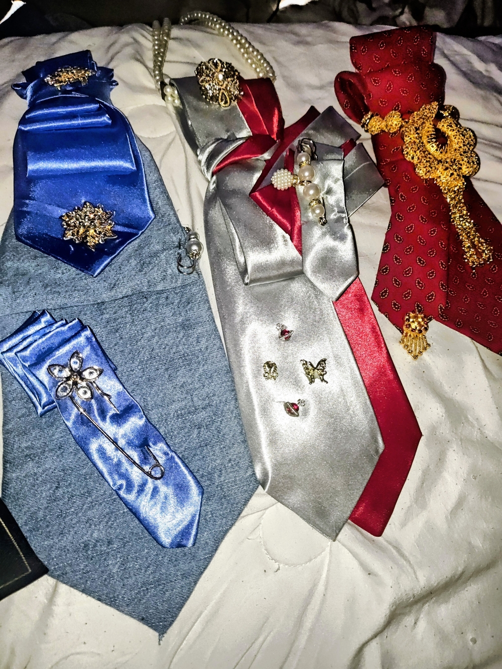 Assorted Men's Satin Women Ties with Decorative Pins - Blue, Silver, Red